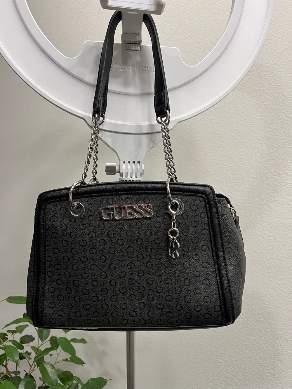 GUESS Black Logo Satchel with Silver Chain Handles